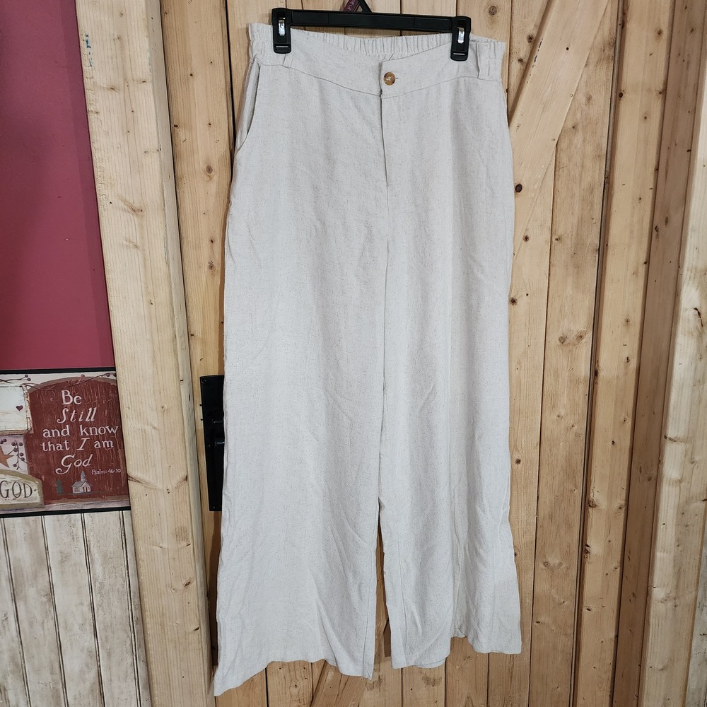 Linen blend Wide Leg Pants Womens Large Oatmeal Relaxed coastal comfort vacation